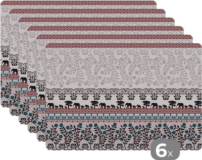 Placemat - Placemats kunststof - Patronen - Safari - Olifant - Afrika - 45x30 cm - 6 stuks - Hittebestendig - Anti-Slip - Onderlegger - Afneembaar