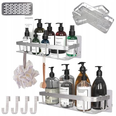 Roestvrij Aluminium Doucheplank Met 4 Haken - Afvoergaten Afgeronde Hoeken - Eenvoudige Installatie Sterke Lijm En Schroeven - Draagvermogen 10 kg 30x13x5 cm