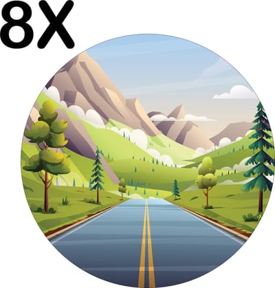 Luxe Ronde Placemat - Getekend - Weg door Vallei met Bergen - Set van 8 Placemats - 50x50 cm - 2 mm dik Vinyl - Anti Slip - Afneembaar