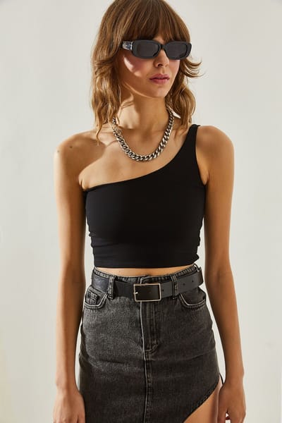 Asymmetrische Kraag Aansluitende Cropped Top