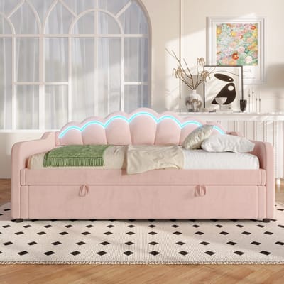 Sweiko Slaapbank - 90x200 cm - Opbergruimte - Velvet - LED-strip - Zonder matras - Roze