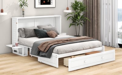 Wishdor Opklapbed 140x200 cm - Met Lade & Zijplanken - Mobiel Schrankbed - Ruimtebesparend & Slim - Grenen & MDF - Wit