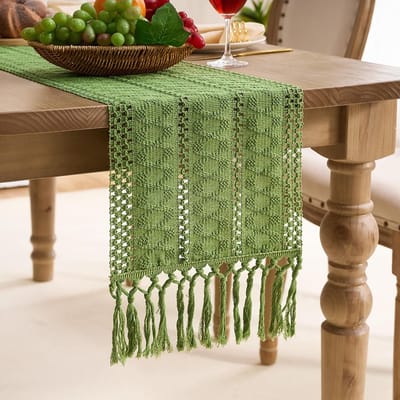 Tafelloper Boho groen 30 x 140 cm gehaakt retro met kwastjes tafelloper lente katoen linnen wasbaar tafelloper voor decoratie vakantie party eetkamer tafel bijzettafel kast