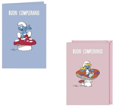 Smurfin en smurf op een paddenstoel – Roze – 2 Verjaardagskaarten van de Smurfen – Gefeliciteerd – Italiaans – Cromo – 11,5 x 17 cm