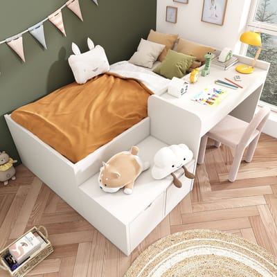 Gutent Kinderbed - Massief hout - met bureau en laden - 90 x 200 cm - Wit - Opbergbed - Voor jongens en meisjes - Geen matras