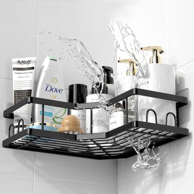 REDOM Douche rek Badkamer rek Douche organizer – Zelfklevend zonder boren – Ruimtebesparend 2-delig opbergsysteem – Duurzaam carbon steel – Modern design – Zwart
