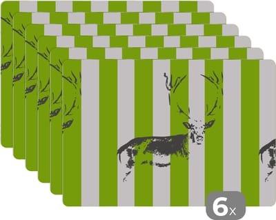 Placemat - Placemats kunststof - Patroon - Hert - Strepen - 45x30 cm - 6 stuks - Hittebestendig - Anti-Slip - Onderlegger - Afneembaar