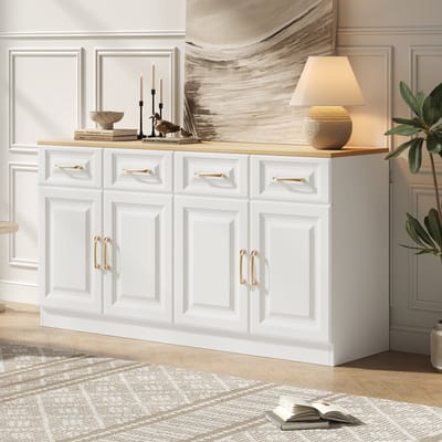 STILVORA Dressoir - Landhuis Buffetkast Met 4 Lades En 4 Deuren, Verstelbare Planken Voor Keuken Eetkamer - Spaanplaat - 140x40x75 cm - Wit+Notenbruin