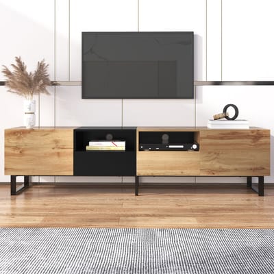 Wishdor - Tv-Meubel - 2 Deuren En 2 Lades - Moderne Uitvoering - MDF - Zwart En Naturel Hout - 190 x 38 x 48 cm