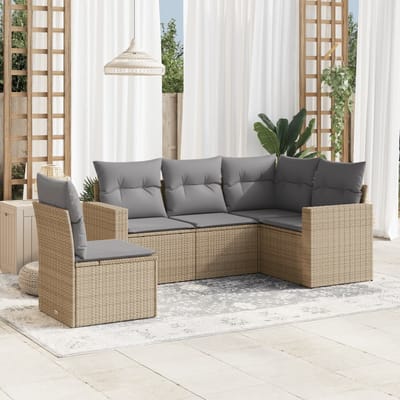 vidaXL - 5-delige - Loungeset - met - kussens - poly - rattan - beige