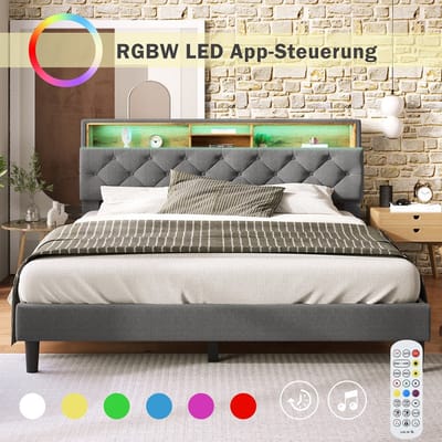 KOMHTOM Bed Volwassenenbed Tweepersoons Bed met LED-verlichting 140x200 cm grijs
