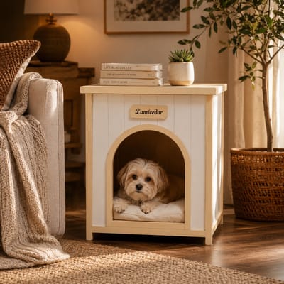 Hondenhok - Huisdierhuis - Houten Hondenhok - Hondenkooi - bijzettafel - Massief hout - Binnen - 53x51x60 cm - Geschikt voor kleine honden en katten - Melkachtig
