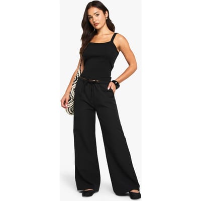 boohoo Dames Petite geweven broek met elastische taille en rechte pijpen | Zwart | Maat: 34