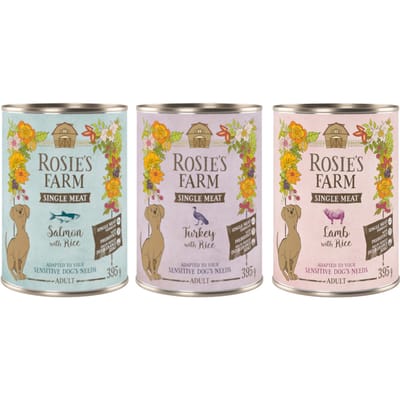 6x 395g Rosie's Farm Single Meat Adult Mix (kalkoen & rijst, lam & rijst, vis & rijst) nat hondenvoer