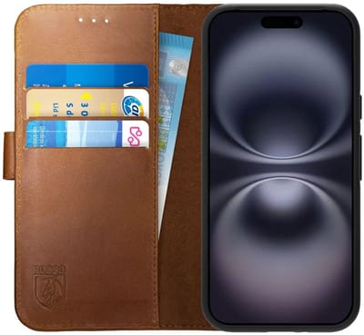 Rosso Deluxe Echt Leer Hoesje Geschikt voor Apple iPhone 16 | Ruimte voor drie pasjes | Portemonnee Book Case | Met Pasjeshouder | Bruin