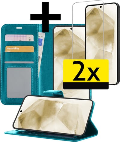 Hoesje - Met 2x Screenprotector - Geschikt voor Samsung Galaxy A55 - Luxe Pasjeshouder - Bookcase Portemonee - Flip Case - Kunstleer Book Case - Flipcase Hoes - Book Cover - Walletcase - Portemonneehoes - Telefoonhoesjes - Turquoise