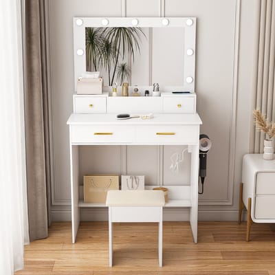 DESMIU Kaptafel - Verlichte Make-uptafel Met Stopcontact En Fohnhouder - Voor Slaapkamer En Kleedkamer - MDF - Wit - 80x40x137 Cm