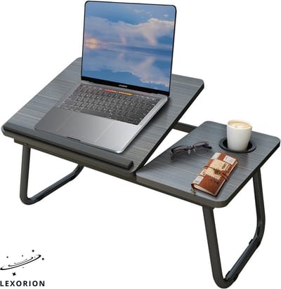 Lexorion Praktisch Laptoptafel – Bedtafel – Kantelbare Laptoptafel – Verstelbare en Opvouwbare Laptop Tafel met Bekerhouder – 60x37x26cm – Laptoptafel Bijzettafel – Zwart