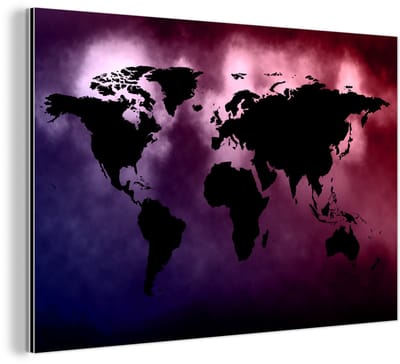Aluminium schilderij 180x120 cm - Wanddecoratie metaal - Wereldkaart - Zwart - Roze - Metalen muurdecoratie woonkamer - Decoratie industrieel - Foto op dibond - Industriële accessoires slaapkamer