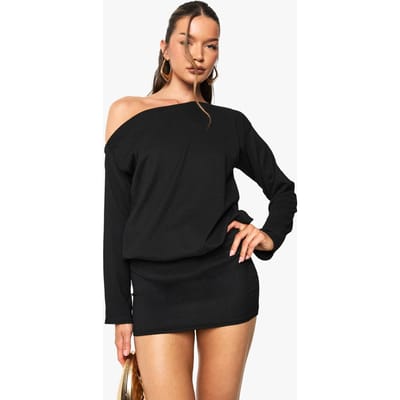 boohoo Dames Off the Shoulder Lang Mouw Bodycon Mini Jurk | Zwart | Maat: 38
