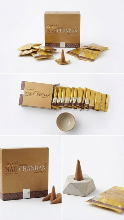 Vijayshree Golden Nag Chandan Wierook Kegels – 120 Stuks (12 Pakjes x 10 Kegels) – Luxe Masala Wierook – Natuurlijke Sandelhout Geur – Ideaal voor Ontspanning en Meditatie Met Kajal Sticker