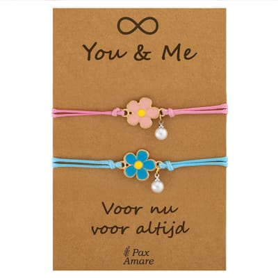 Vriendschapsarmbandjes voor 2 " You & Me ∞" - Bloemetjes - BFF Armbandjes met Persoonlijk Cadeau Kaartje - Roze & Blauw - Elastisch Verstelbaar - Pax Amare