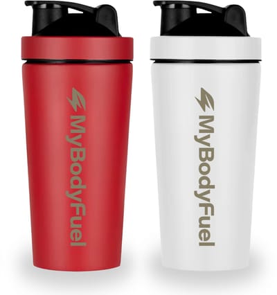 MyBodyFuel - RVS Shakebeker - 750 ml - met mixballetje & Mixfilter - Rood en Wit - Set van 2 - Shaker - BPA-vrij