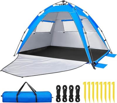 Beach Shelter Pop-up Strandtent voor 3-5 Personen, Strandschaduw met UV-bescherming 50+, Automatische Strand met Ritsdeur voor Familie Zonnetent Strand Camping Tuin met Draagtas