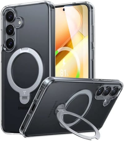 TORRAS UPro Ostand Spin Hoesje Geschikt voor Samsung Galaxy S25 Plus - Compatibel met MagSafe / Qi2 - 360° Draaibare Magnetische Standaard - Back Cover Kickstand Ring - Transparant