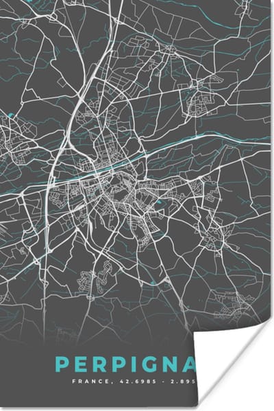 Poster Kaart - Stadskaart - Plattegrond - Frankrijk - Perpignan - 120x180 cm XXL