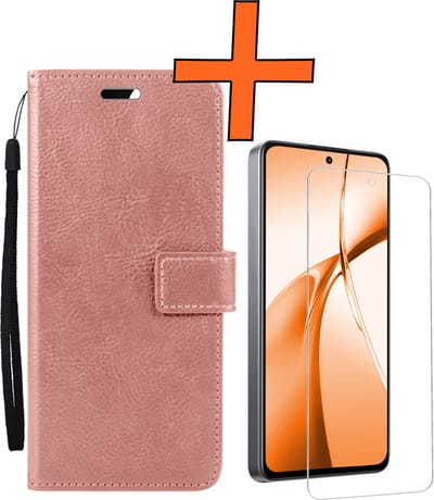 Hoes - Met Screenprotector - Geschikt voor OnePlus Nord CE4 - Luxe Pasjeshouder - Bookcase Portemonee - Flip Case - Kunstleer Book Case - Flipcase - Book Cover - Walletcase - PortemonneeHoes - Rosé goud