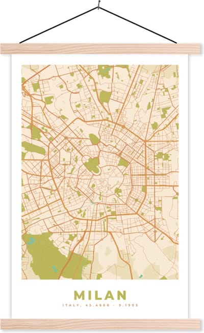 Posterhanger incl. Poster 40x60 cm - Schoolplaat - Milaan - Stadskaart - Vintage - Plattegrond - Kaart - Textielposter - Blanke latten - Stadskaart