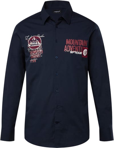 Men Plus - Heren - Overhemd lange mouwen kentkraag print op de borst - Navy blauw - Maat L