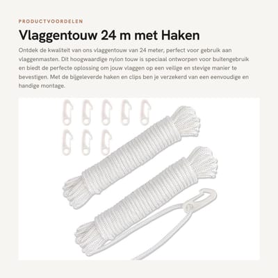 Dailygoods- Vlaggentouw 24 m - Hoogwaardig Nylon - Vlaggenlijn met Haken - Sterk en Slijtvast - Voor Vlaggenmast - Inclusief Vlaggenclips