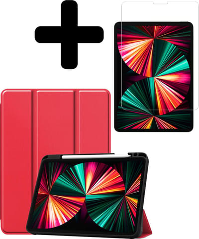 Hoes - Geschikt voor Apple iPad Pro (2021) - 12.9 inch - Met Screenprotector - Trifold Bookcase - Hard Cover Case - Met Uitsparing Geschikt voor Apple Pencil - Hardcover Book - Tablet Hoesje - Rood