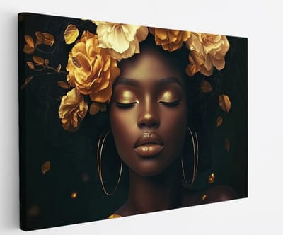 Saammp Canvas Schilderij - Abstract - Vrouw - Goude bloemen - 30x20 - Foto op canvas - Wanddecoratie - Muurdecoratie Woonkamer - Slaapkamer decoratie - Canvas Print