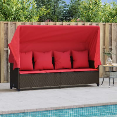 vidaXL - Ligbed - met - luifel - en - kussens - poly - rattan - bruin