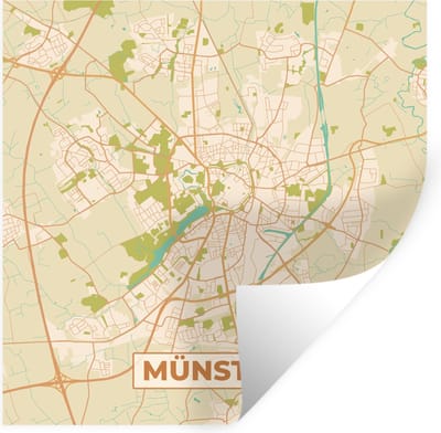 Muurstickers - Sticker Folie - Plattegrond - Münster - Vintage - Kaart - Stadskaart - 100x100 cm - Plakfolie - Muurstickers Kinderkamer - Zelfklevend Behang XXL - Zelfklevend behangpapier - Stickerfolie