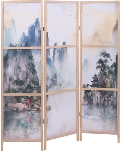 Paravent MCW-O70, scheidingswand, zichtbescherming, ruimteverdeling, natuurmotieven, hout, MVG, polyethyleen, 170 x 137 cm ~ Bergen