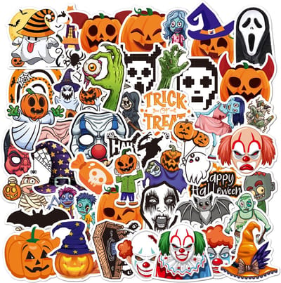 Set Enge Halloween Stickers - 50 stuks - 5x7CM - Stickers voor volwassenen en kinderen met Pompoenen, Zombies, Killer Clowns, Happy Halloween, Spinnen etc.