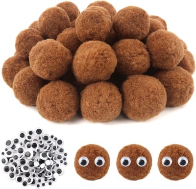 50 Stuks Fluffy Pom Pompoms 50mm Lichtbruin met 100 Wobble Eyes voor Creatieve DIY Decoraties en Knutselprojecten