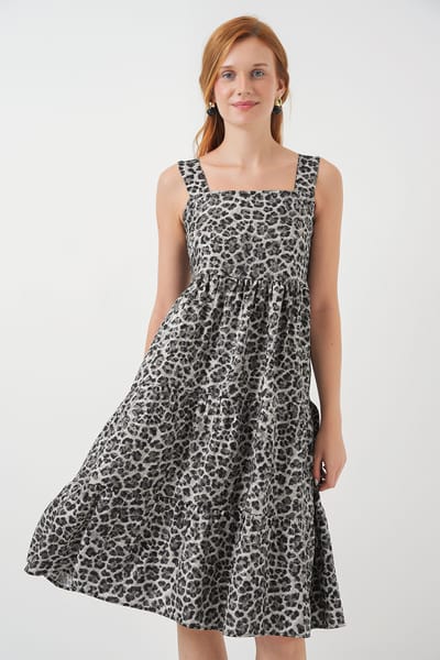 Geprinte Midi-jurk met Vierkante Kraag