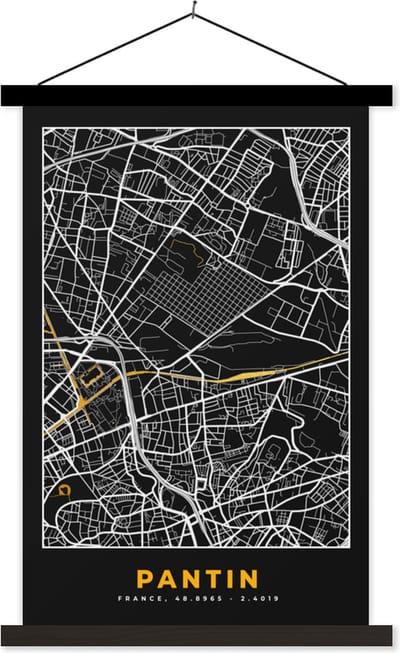 Posterhanger incl. Poster 40x60 cm - Schoolplaat - Plattegrond – Pantin – Stadskaart – Kaart – Frankrijk - Textielposter - Zwarte latten - Stadskaart