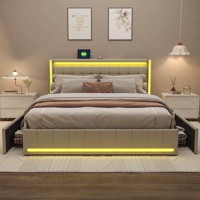 Modern gestoffeerd tweepersoonsbed 140x200cm Gestoffeerd bed met 4 lades en lattenbodem, LED-verlichting en USB-oplaadfunctie, tweepersoonsbed met opbergruimte, jeugdbed, beige linnen stof, zonder matras (gesplitst voor 2 pakketten voor verzending)