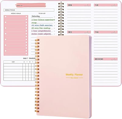 Undated Weekly Planner - A5 Weekly Planner Notebook - Doelstelling Tracker En Gewoonte Volger - Spiraalbinding Voor School En Werk - A5 Formaat Papier - 1 Stuk - Voor Studenten Kinderen En Volwassenen