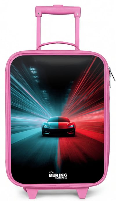 NoBoringSuitcases.com® - Kinderkoffer roze - Kindertrolley meisje - Sportwagen - Lichtstralen - Neon - Blauw - Koffer kind lichtgewicht - Reiskoffer trolley voor kinderen - Koffertje met lichtgevende wieltjes - Rolkoffer
