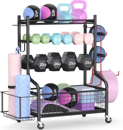 Halterrek voor Thuisgym met Wielen en Haken - Opslag voor Kettlebells, Yogamat en Ballen