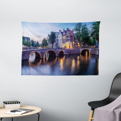 ABAKUHAUS Nederlands wandtapijt, Brug over het Kanaal Keizergracht, Woonkamer Slaapkamer Wanddoek Zijdezacht Satijn Wandtapijt, 150 x 100 cm, Meerkleurig