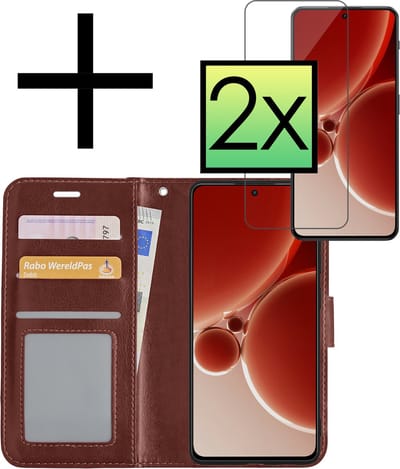Hoesje - Met 2x Screenprotector - Geschikt voor OnePlus Nord 3 - Luxe Pasjeshouder - Bookcase Portemonee - Flip Case - Kunstleer Book Case - Flipcase Hoes - Book Cover - Walletcase - Portemonneehoes - Bruin