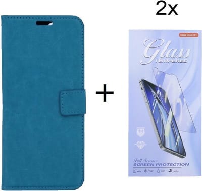 Bookcase Geschikt voor: Oppo A15 - Turquoise - portemonnee hoesje met 2 stuks Glas Screen protector